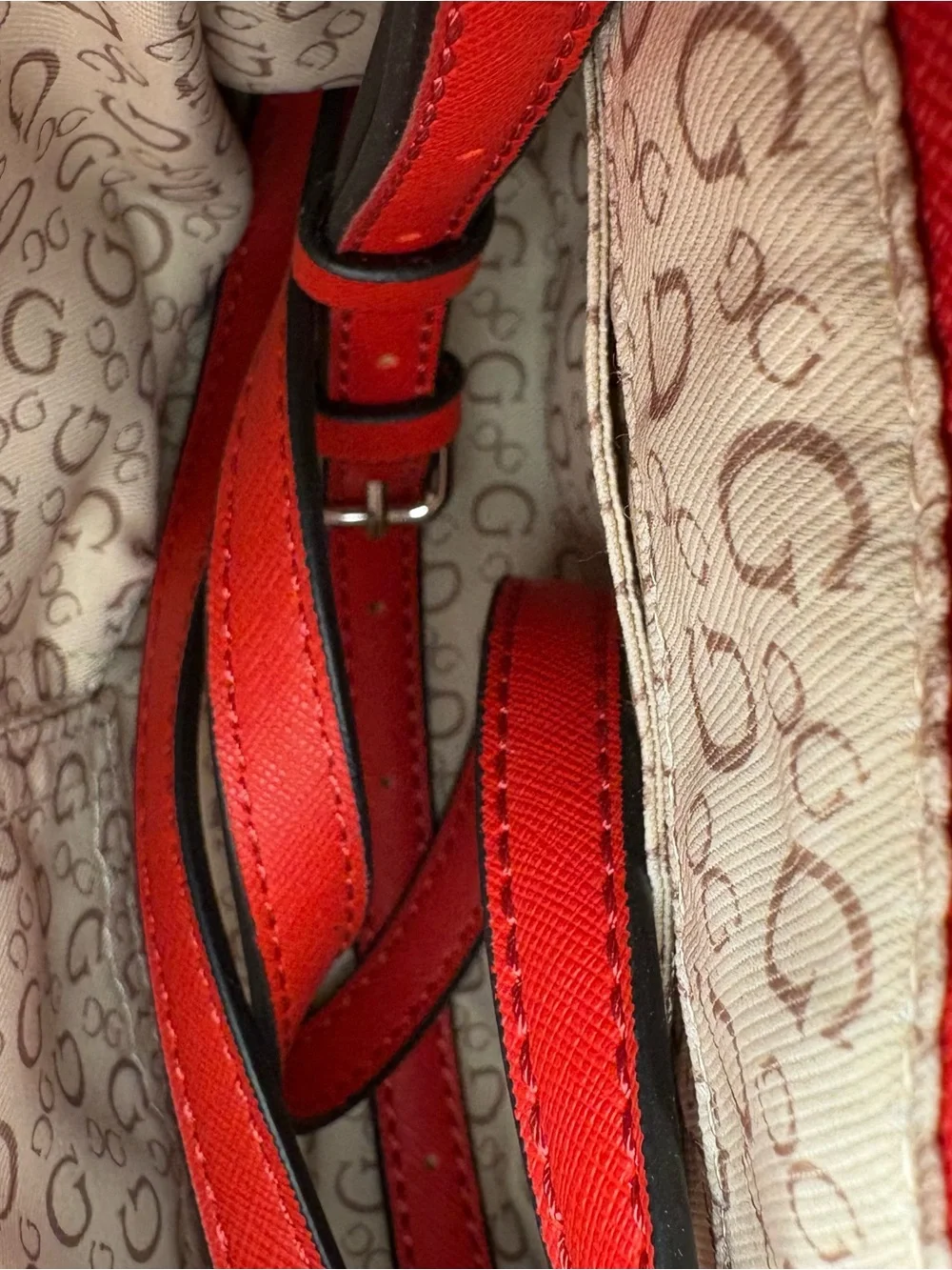 GUESS Red Structured Satchel with Crystal Flower Charm